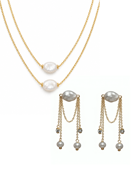 Celestia handmade anti tarnish layered baroque pearl jewellery set with drop earrings and necklace
