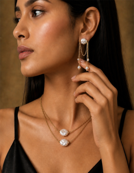 Celestia handmade anti tarnish layered baroque pearl jewellery set with drop earrings and necklace