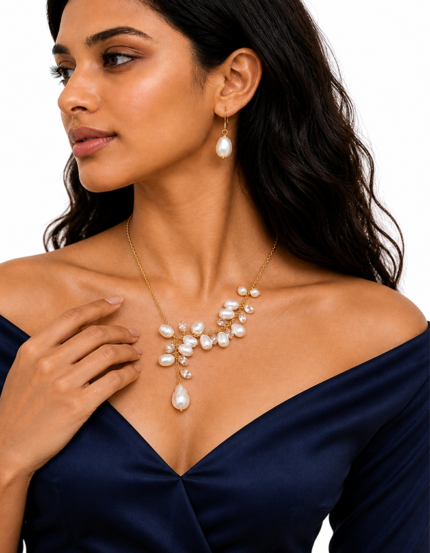 Ophelia handmade anti tarnish statement pearl jewellery set with cluster necklace and earrings