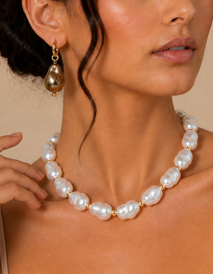 Aurielle handmade anti tarnish baroque pearl necklace and sculptural earrings set for women