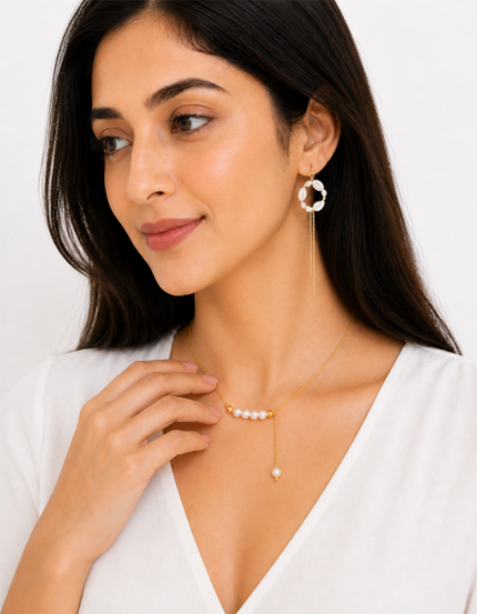 Veloura handmade anti tarnish pearl jewellery set with drop necklace and hoop earrings